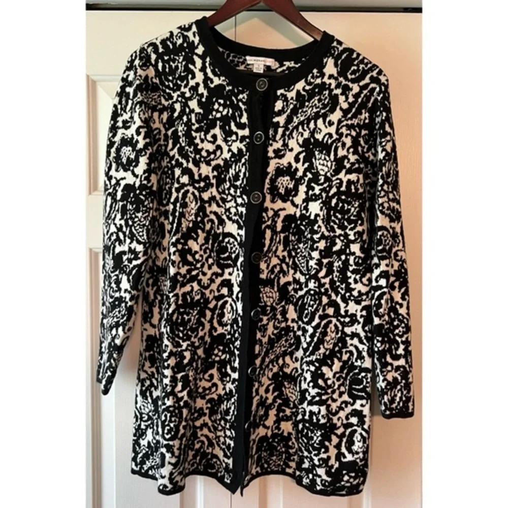 Black White Cardigan Damask Jacquard Sweater Cardigan Classic Casual EUC S #785